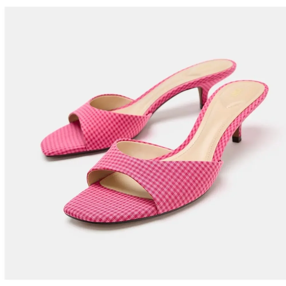 Zara NWT Pink Gingham Square Toe Kitten Heel Mules 7.5 8 9